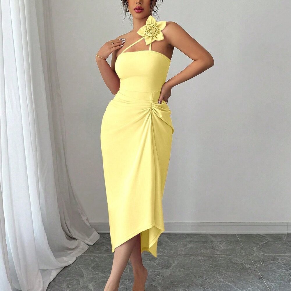 Yellow Elegant Women's 3d Floral Pleated Dress - Picture 6 of 6